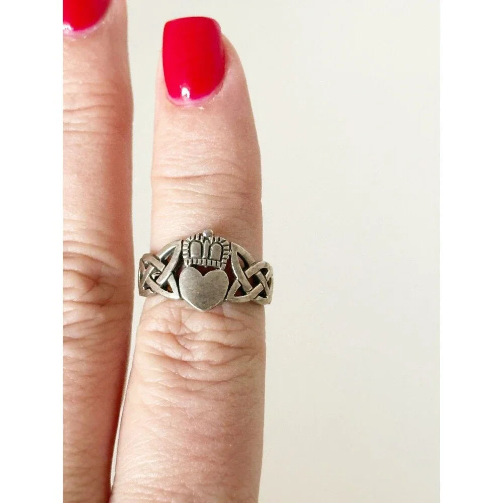 Sterling Silver Claddagh Ring 925 Irish Celtic Heart Crown Trinity Knot Sz 5.75 - Picture 5 of 8